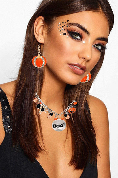 Halloween Ghost Necklace Crystal Beaded BOO Pumpkin Pendant Choker Necklace with Pumpkin Drop Earrings Jewelry Set