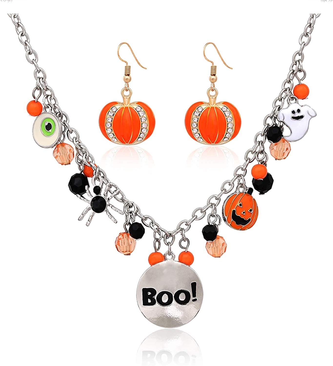 Halloween Ghost Necklace Crystal Beaded BOO Pumpkin Pendant Choker Necklace with Pumpkin Drop Earrings Jewelry Set silver neckalce gold earrings