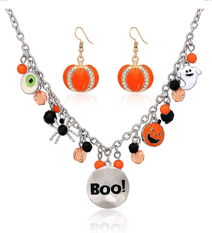 Halloween Ghost Necklace Crystal Beaded BOO Pumpkin Pendant Choker Necklace with Pumpkin Drop Earrings Jewelry Set silver neckalce gold earrings