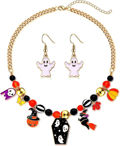Halloween Necklace Earrings for Women Gothic Halloween Witch Hat Pumpkin Ghost Pendant Necklace Black Orange Beaded Chokers Dangle Earrings Costume Party Jewelry Set Ghost