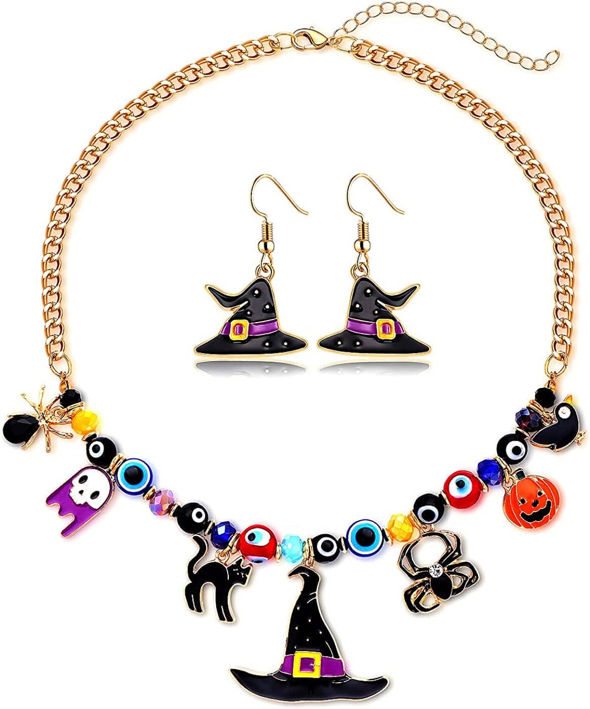 Halloween Necklace Earrings for Women Gothic Halloween Witch Hat Pumpkin Ghost Pendant Necklace Black Orange Beaded Chokers Dangle Earrings Costume Party Jewelry Set Witch Hat