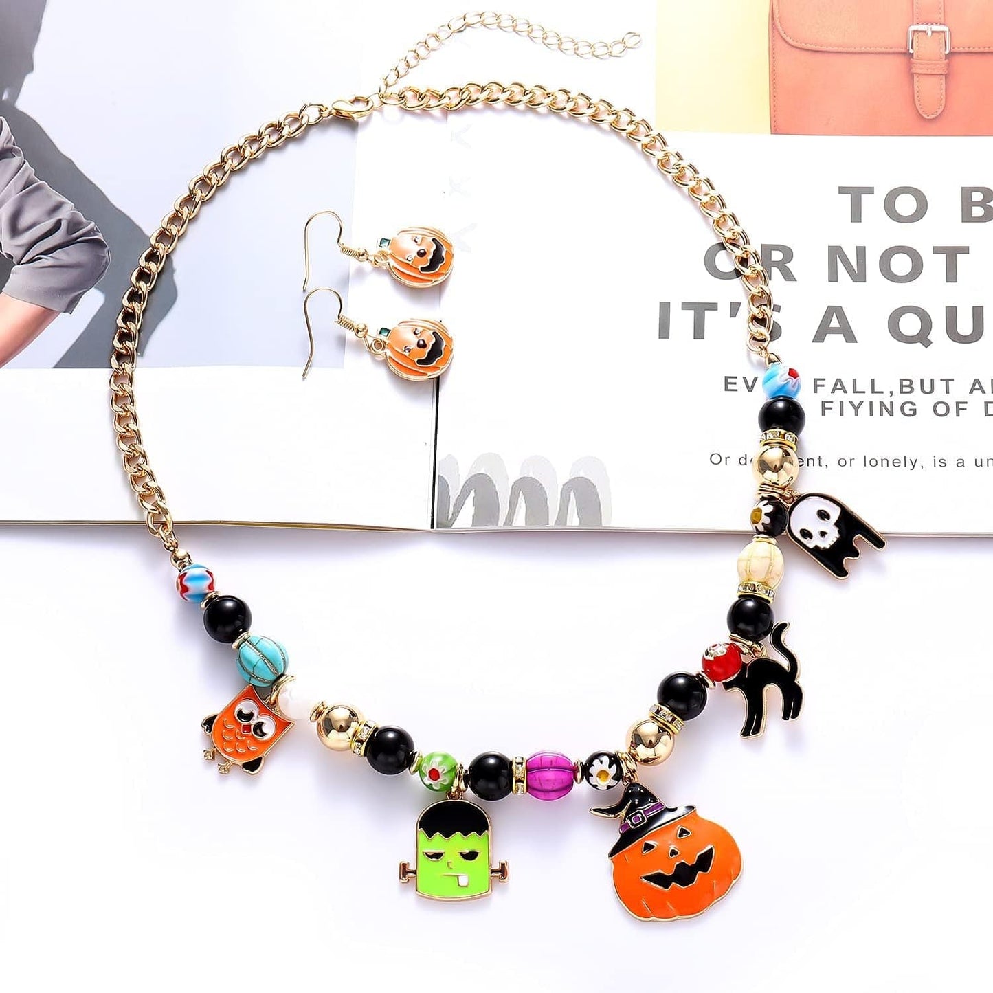 Halloween Necklace Earrings for Women Gothic Halloween Witch Hat Pumpkin Ghost Pendant Necklace Black Orange Beaded Chokers Dangle Earrings Costume Party Jewelry Set