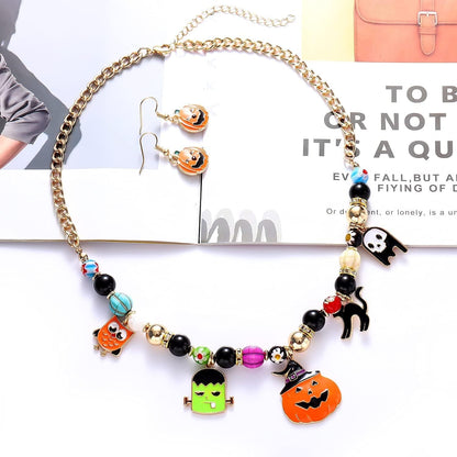Halloween Necklace Earrings for Women Gothic Halloween Witch Hat Pumpkin Ghost Pendant Necklace Black Orange Beaded Chokers Dangle Earrings Costume Party Jewelry Set