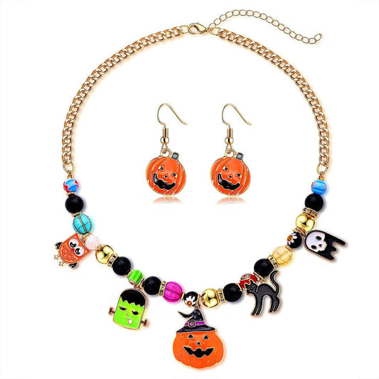 Halloween Necklace Earrings for Women Gothic Halloween Witch Hat Pumpkin Ghost Pendant Necklace Black Orange Beaded Chokers Dangle Earrings Costume Party Jewelry Set Pumpkin