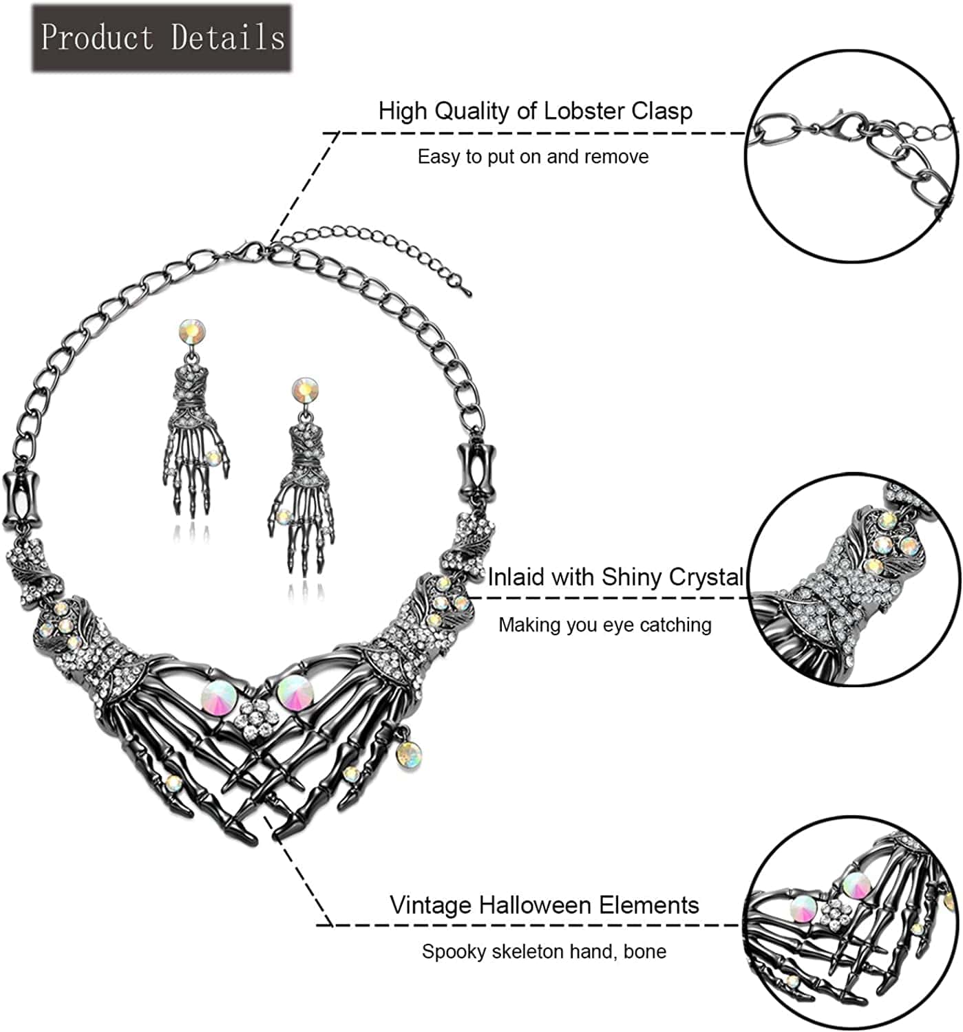 Halloween Punk Necklace Arrings Set Hypoallergenic Gothic Skull Skeleton Choker Necklace Earrings Jewelry Set for Women Girls Including 1 Chunky Necklace 1 Drop Earrings