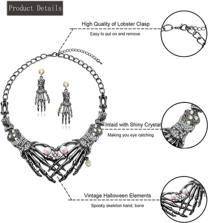 Halloween Punk Necklace Arrings Set Hypoallergenic Gothic Skull Skeleton Choker Necklace Earrings Jewelry Set for Women Girls Including 1 Chunky Necklace 1 Drop Earrings