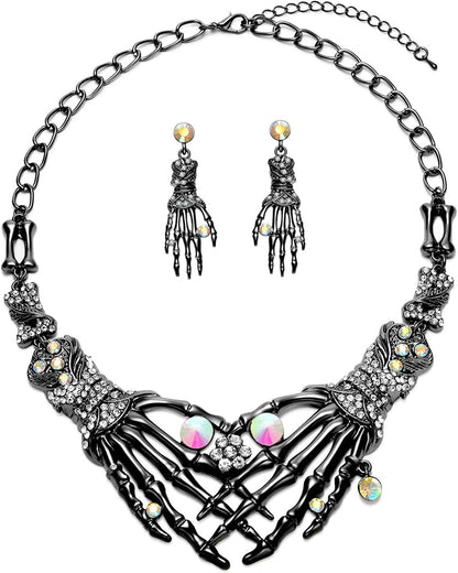 Halloween Punk Necklace Arrings Set Hypoallergenic Gothic Skull Skeleton Choker Necklace Earrings Jewelry Set for Women Girls Including 1 Chunky Necklace 1 Drop Earrings