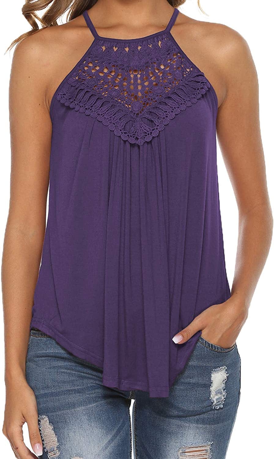 Halter Tank Tops for Women Summer Spaghetti Strap Lace Sleeveless Tops Shirts Purple / Large