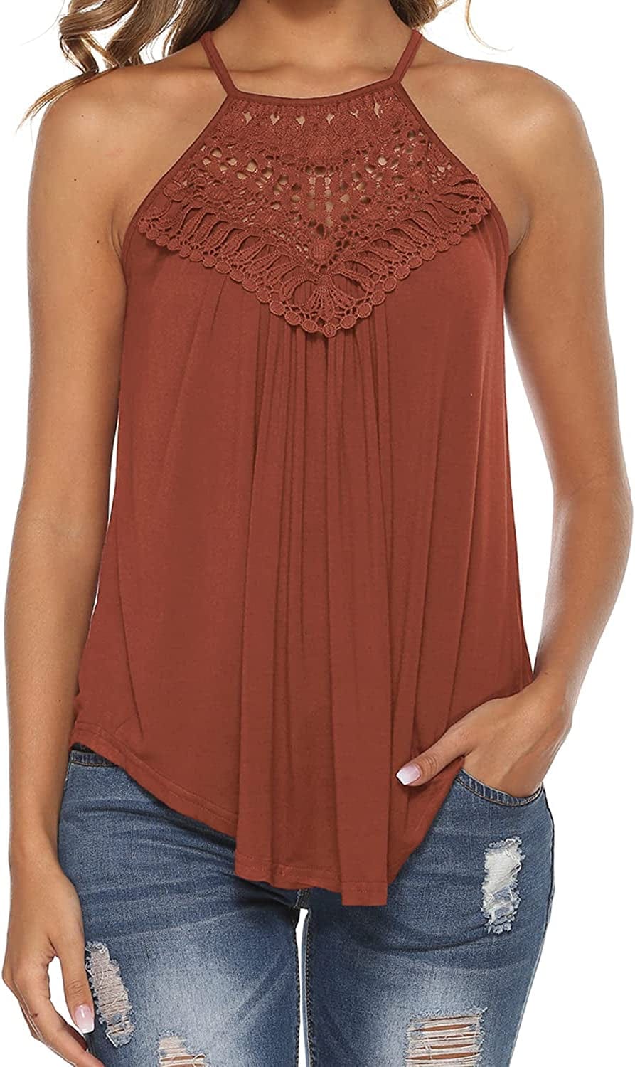 Halter Tank Tops for Women Summer Spaghetti Strap Lace Sleeveless Tops Shirts Red Brown / Large
