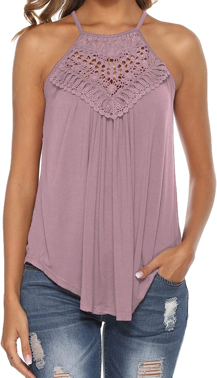 Halter Tank Tops for Women Summer Spaghetti Strap Lace Sleeveless Tops Shirts Pink / Large