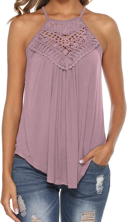 Halter Tank Tops for Women Summer Spaghetti Strap Lace Sleeveless Tops Shirts Pink / Large