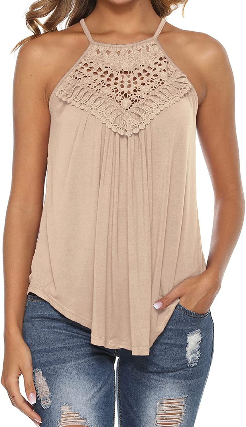 Halter Tank Tops for Women Summer Spaghetti Strap Lace Sleeveless Tops Shirts Peach Apricot / Large