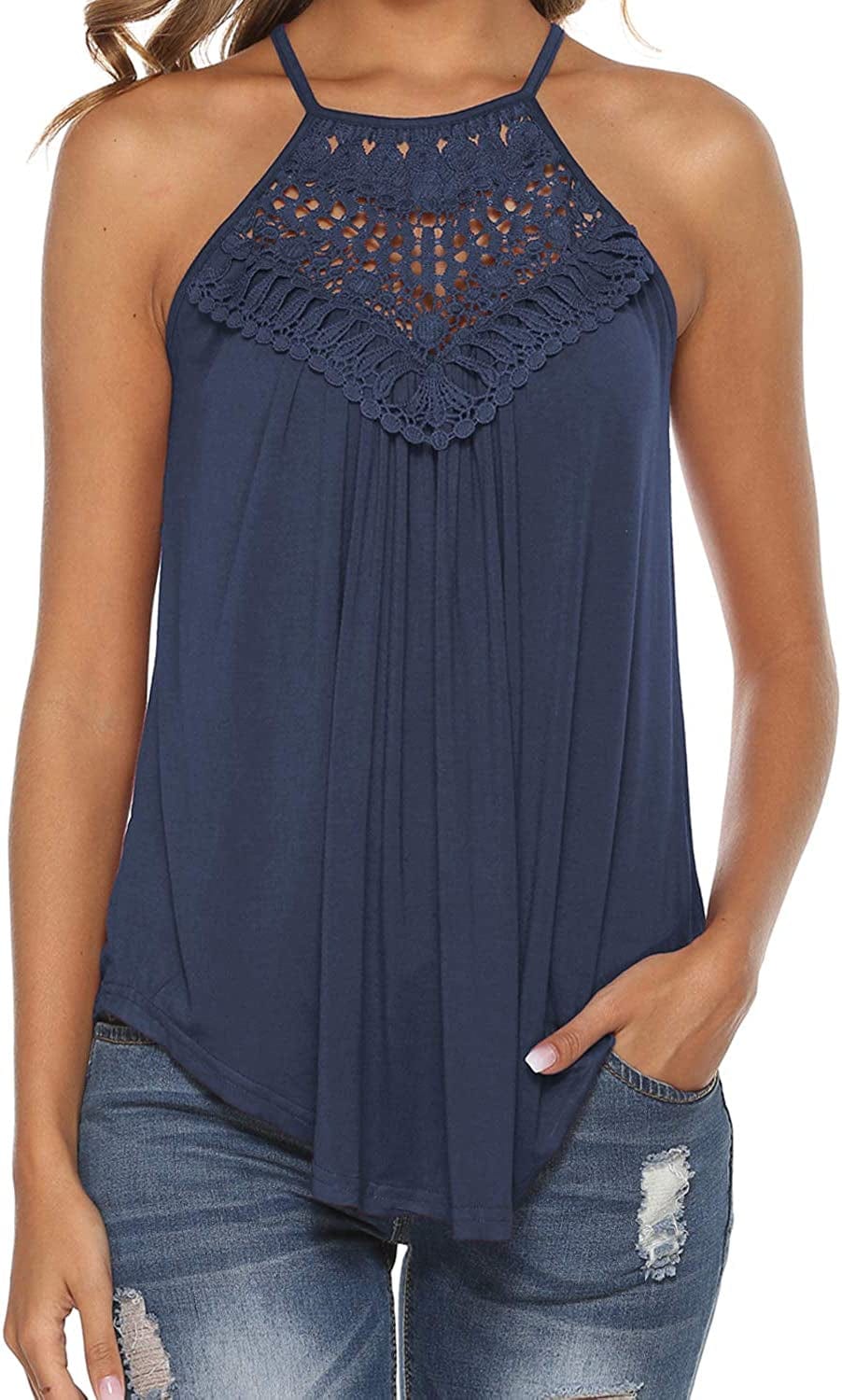 Halter Tank Tops for Women Summer Spaghetti Strap Lace Sleeveless Tops Shirts Navy Blue / Large