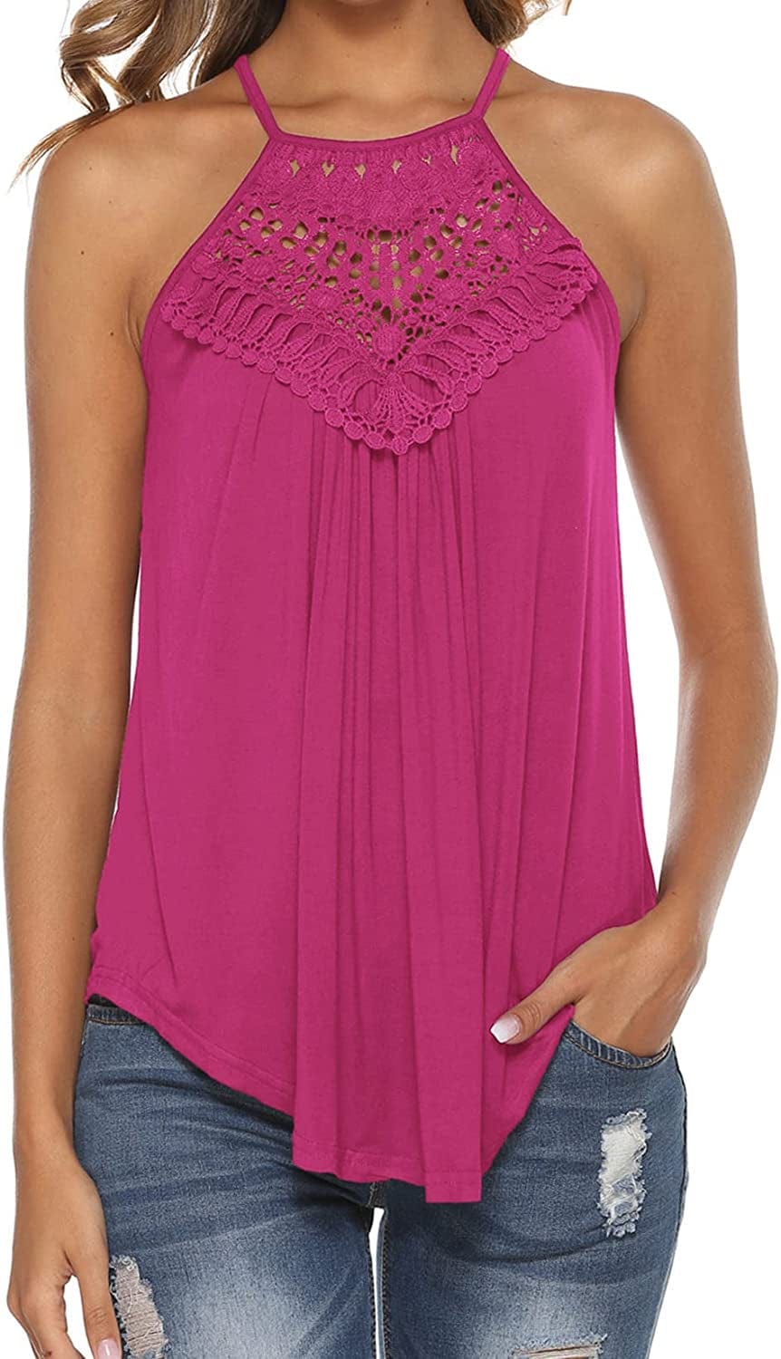 Halter Tank Tops for Women Summer Spaghetti Strap Lace Sleeveless Tops Shirts Rose Red / Large