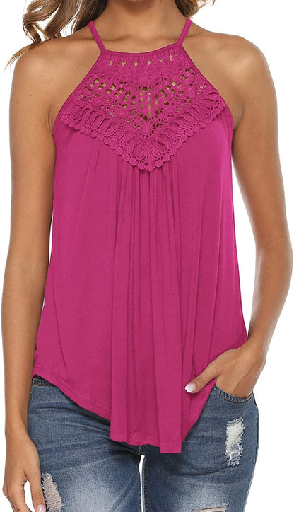 Halter Tank Tops for Women Summer Spaghetti Strap Lace Sleeveless Tops Shirts Rose Red / Large