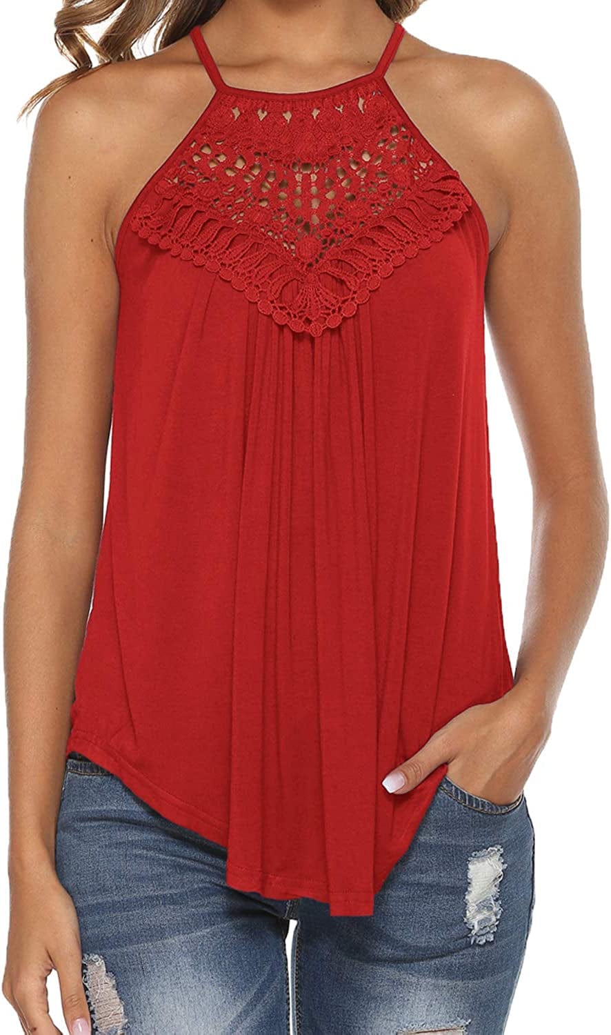 Halter Tank Tops for Women Summer Spaghetti Strap Lace Sleeveless Tops Shirts Red / Large