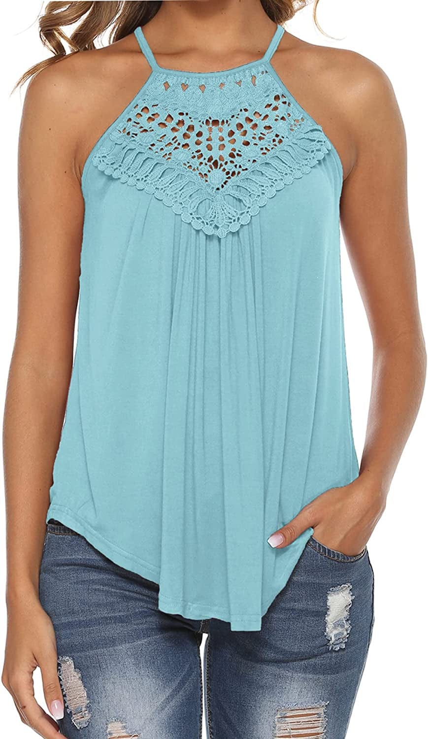 Halter Tank Tops for Women Summer Spaghetti Strap Lace Sleeveless Tops Shirts Light Blue / Large