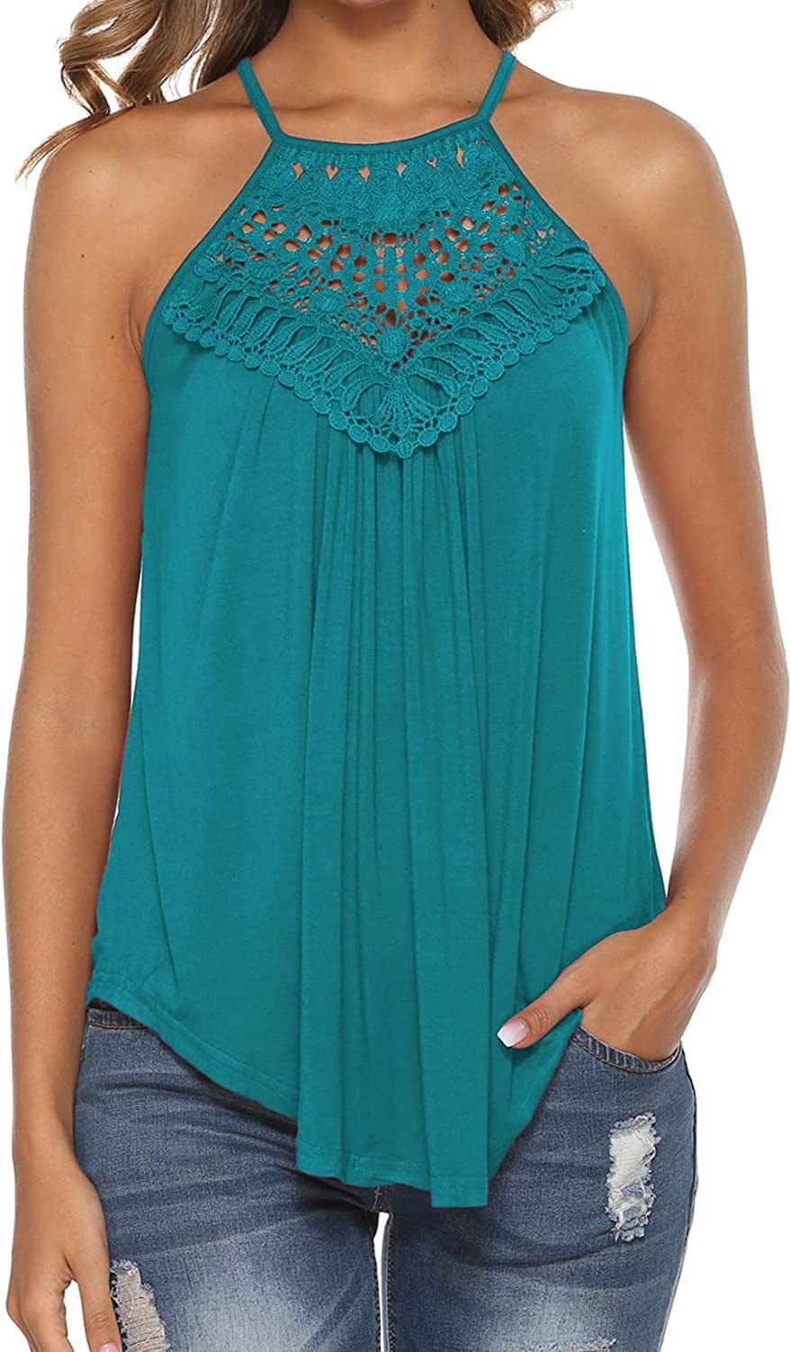 Halter Tank Tops for Women Summer Spaghetti Strap Lace Sleeveless Tops Shirts Teal Green / Large