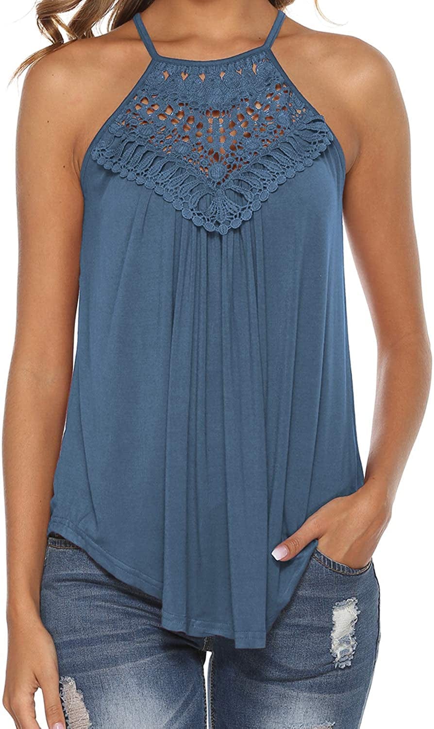 Halter Tank Tops for Women Summer Spaghetti Strap Lace Sleeveless Tops Shirts Grey Blue / Large