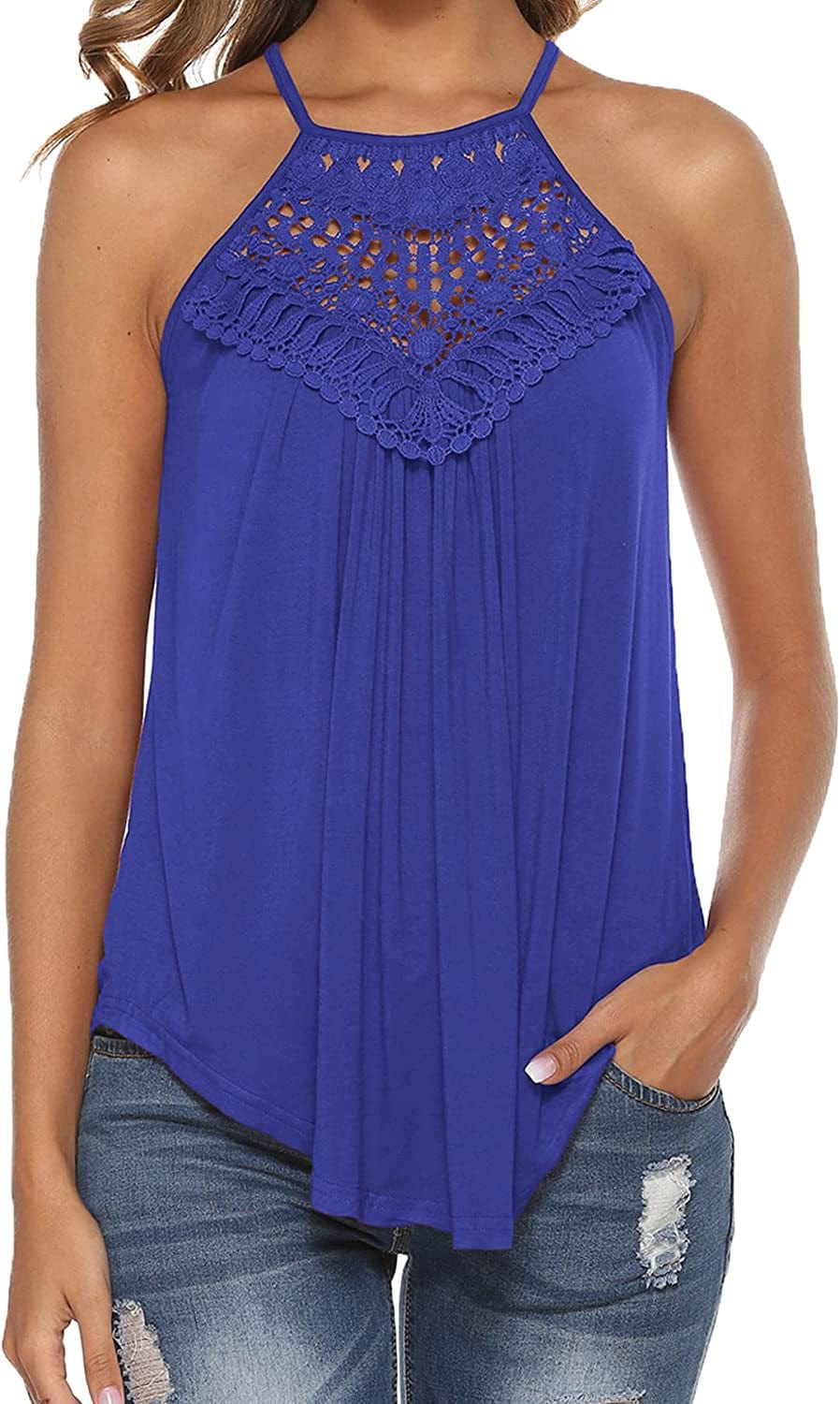 Halter Tank Tops for Women Summer Spaghetti Strap Lace Sleeveless Tops Shirts Blue / Large