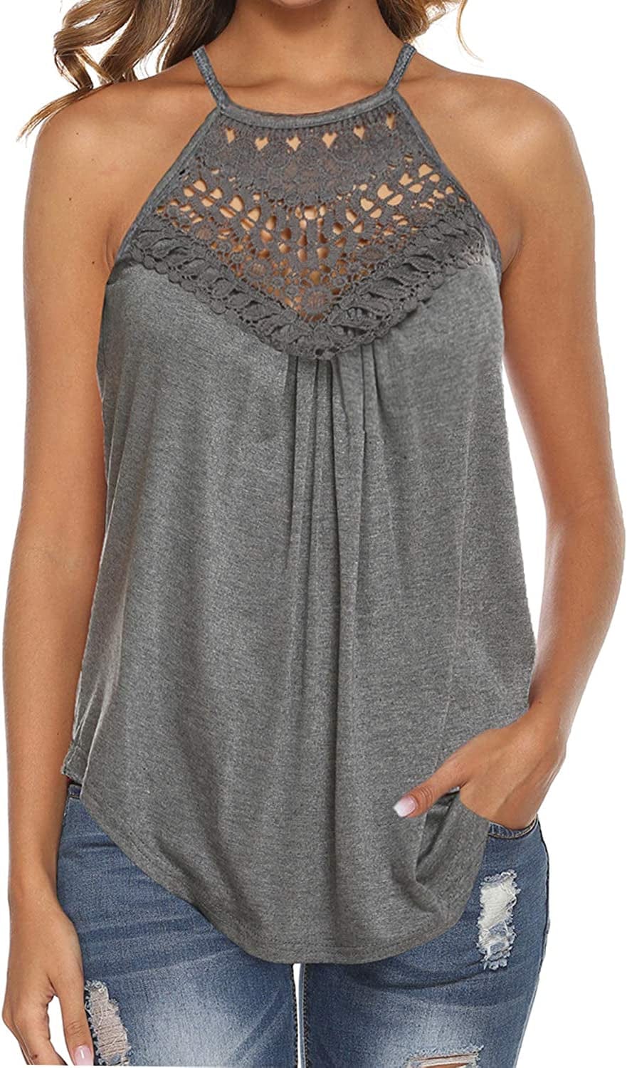 Halter Tank Tops for Women Summer Spaghetti Strap Lace Sleeveless Tops Shirts Grey / Large