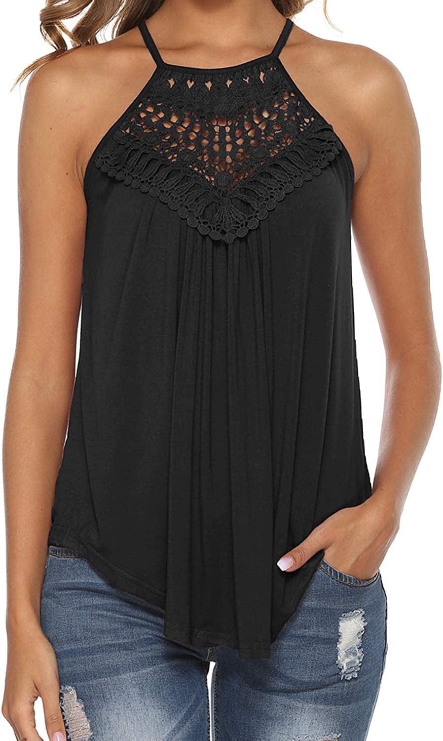 Halter Tank Tops for Women Summer Spaghetti Strap Lace Sleeveless Tops Shirts Black / Large