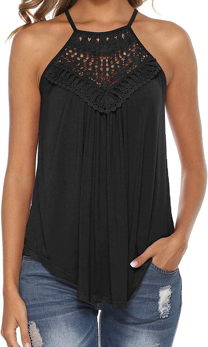 Halter Tank Tops for Women Summer Spaghetti Strap Lace Sleeveless Tops Shirts Black / Large