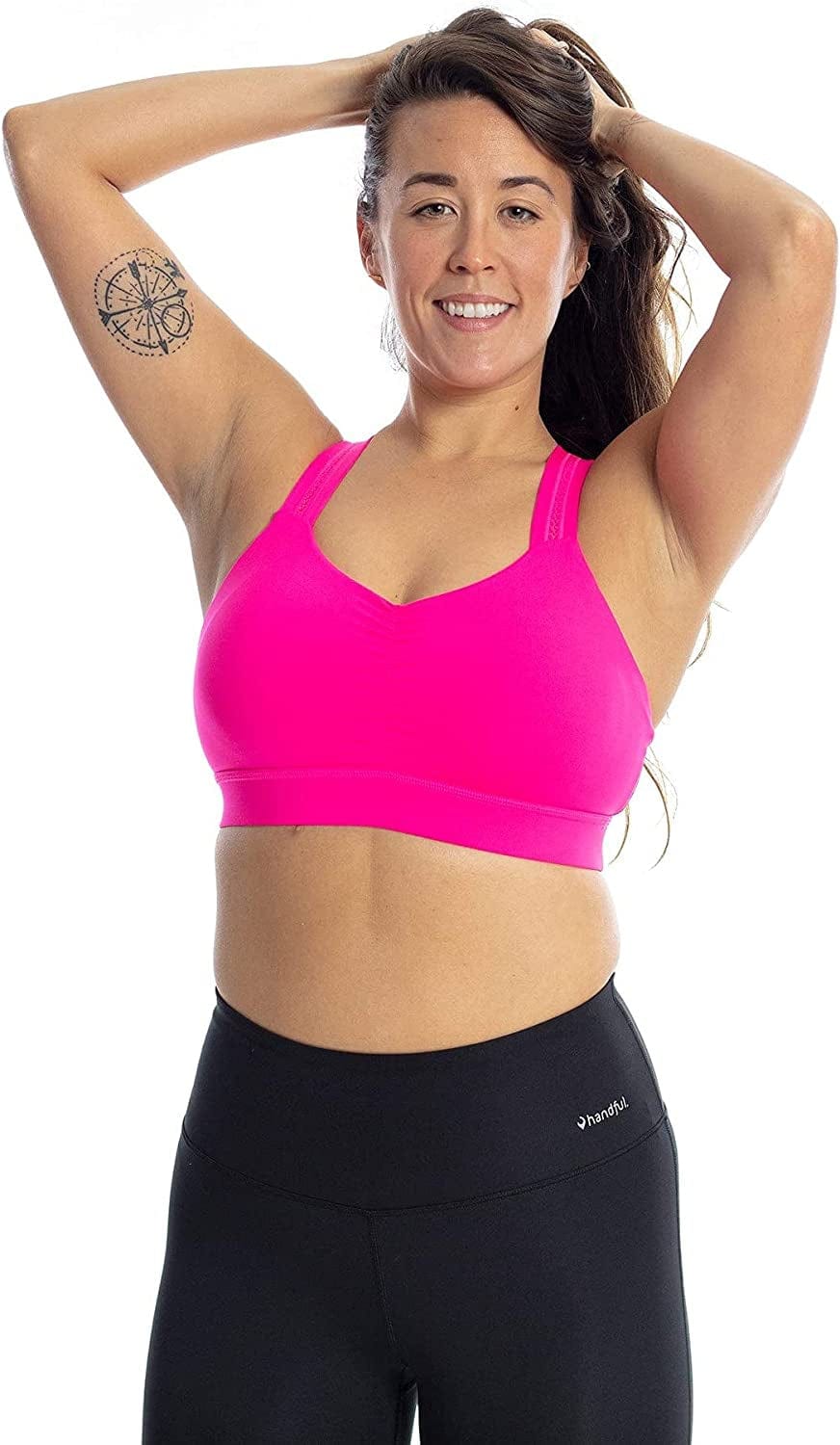 Handful Women'S Y-Back Maximum Support Racerback Sports Bra with Removable Pads, Wire Free Yoga Bra Battle Cry Pink / Large