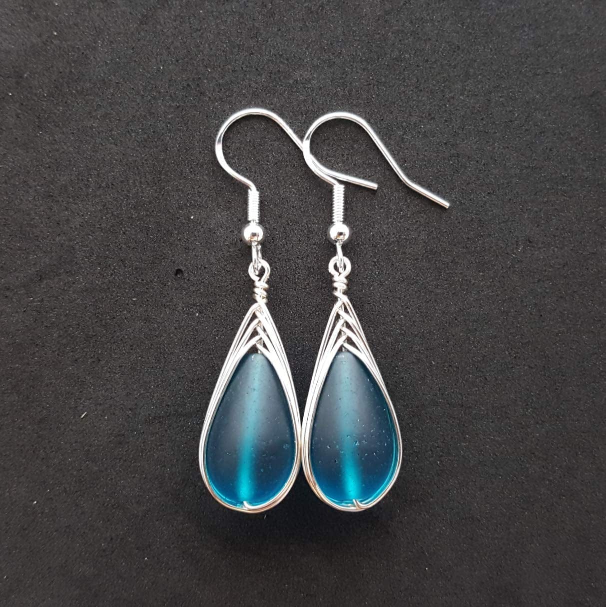 Handmade in Hawaii, Wire Braided Teal Blue Sea Glass Earrings, Hawaiian Gift, (Hawaii Gift Wrapped, Customizable Gift Message)