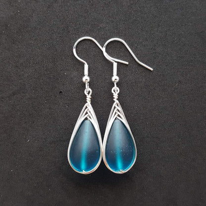 Handmade in Hawaii, Wire Braided Teal Blue Sea Glass Earrings, Hawaiian Gift, (Hawaii Gift Wrapped, Customizable Gift Message)