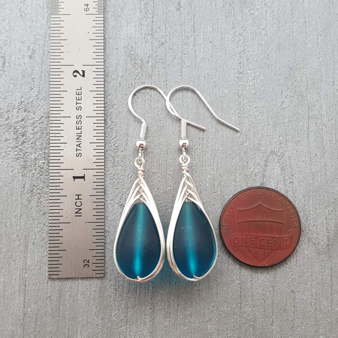 Handmade in Hawaii, Wire Braided Teal Blue Sea Glass Earrings, Hawaiian Gift, (Hawaii Gift Wrapped, Customizable Gift Message)