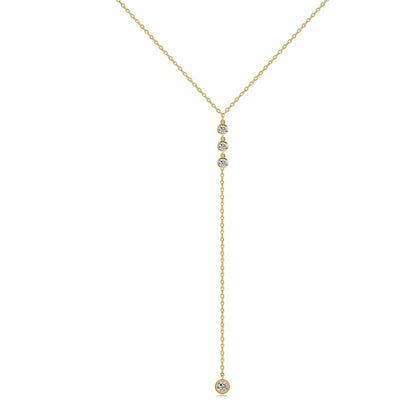 Handmade Sterling Silver Lariat Necklace, Simulated Diamond 18K Gold Plated Dainty Drop Y Chain Necklace for Women (Gold) Round diamonds-Gold