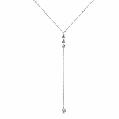 Handmade Sterling Silver Lariat Necklace, Simulated Diamond 18K Gold Plated Dainty Drop Y Chain Necklace for Women (Gold) Round diamonds-Silver