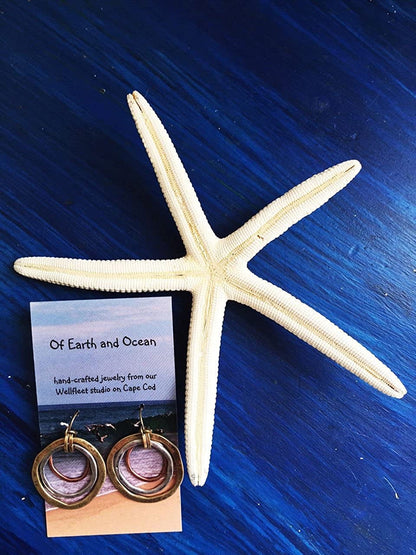 Handmade Sunrise Tricolor Dangle Earrings - Burnished Circles, Copper, Brass and Silverplated