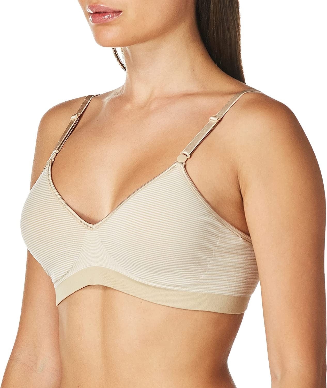 Hanes Women'S Seamless Wirefree Bra with Soft Padding and Convertible Straps Nude Mini Stripe / Large