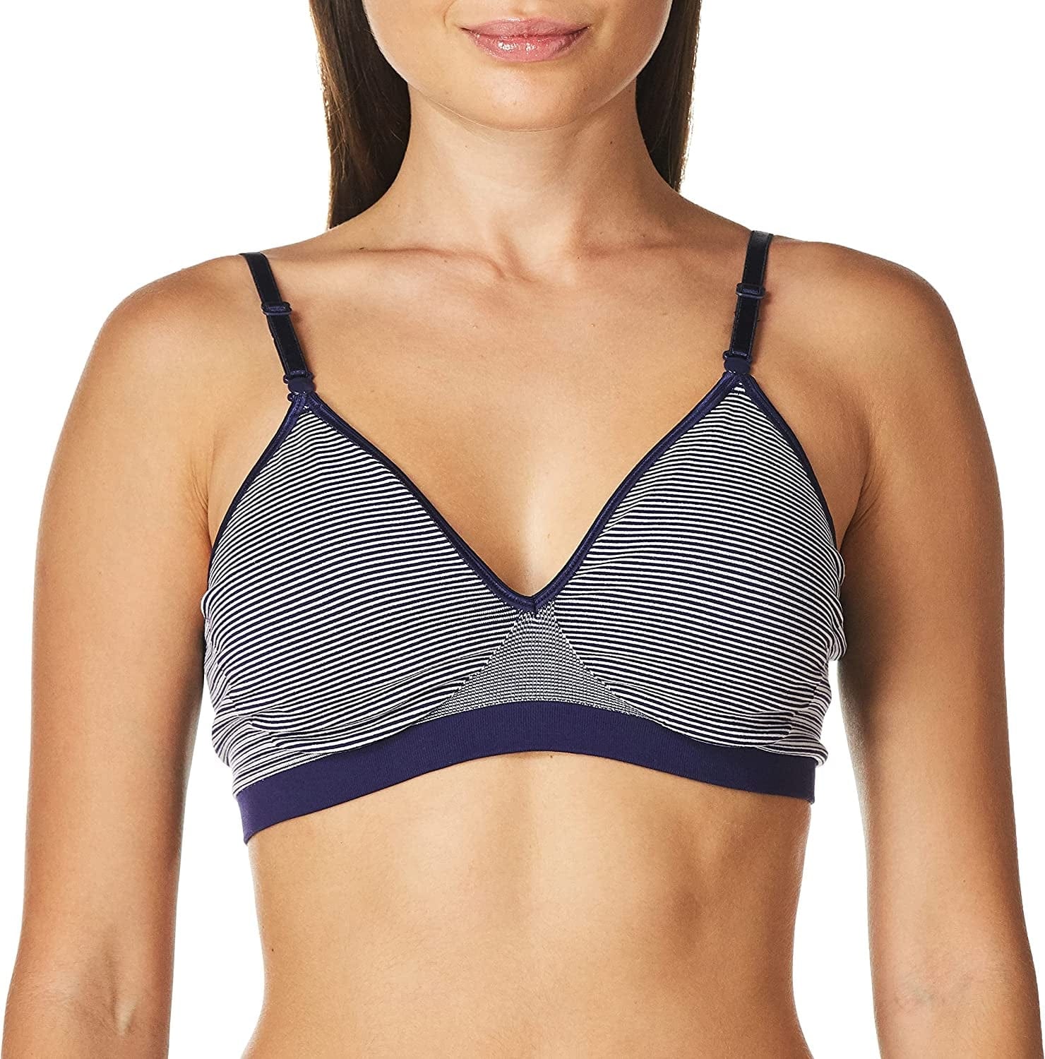 Hanes Women'S Seamless Wirefree Bra with Soft Padding and Convertible Straps Anchor Navy Mini Stripe / Large