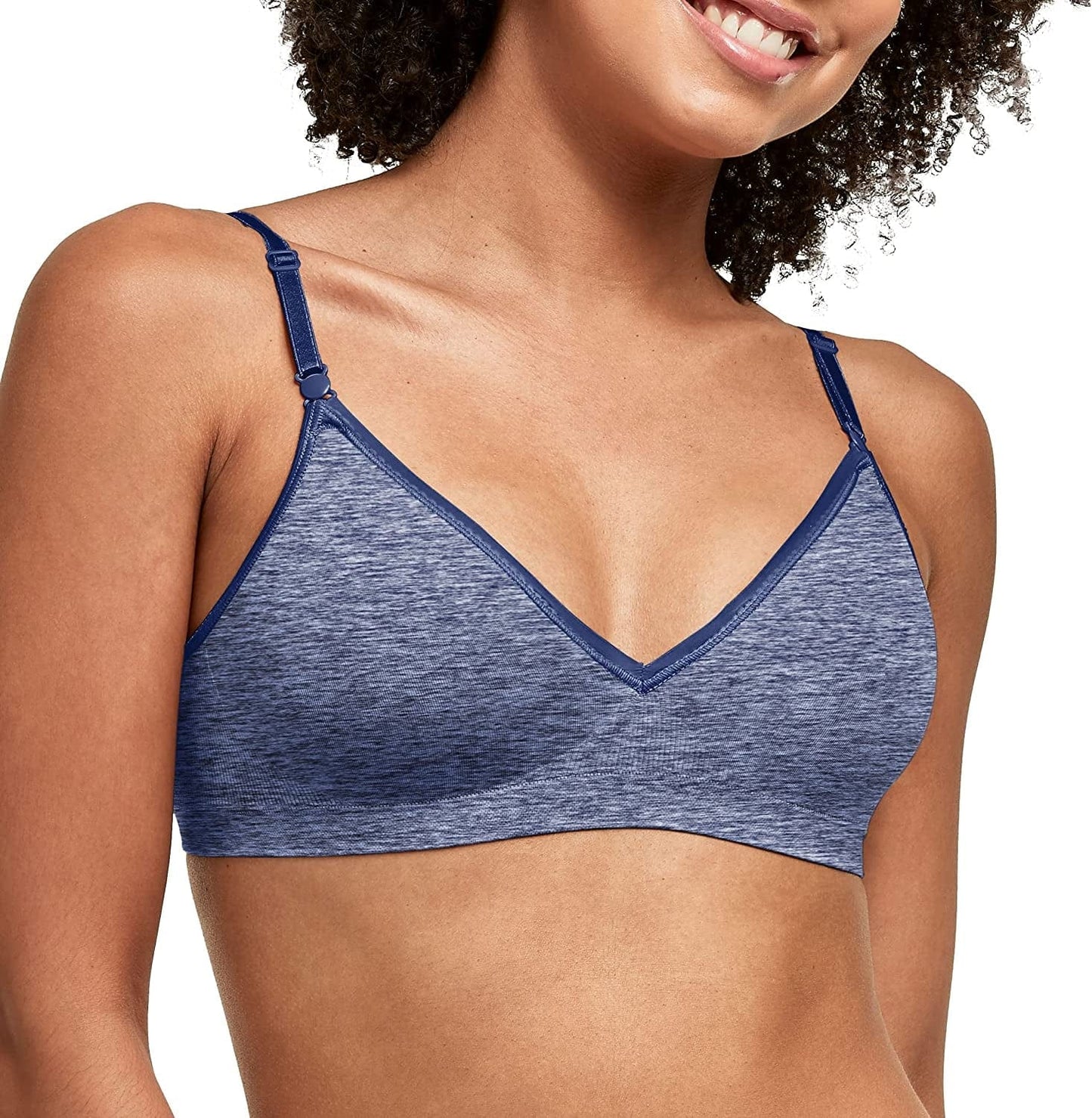 Hanes Women'S Wireless T-Shirt Bra, Moisture-Wicking Convertible Smoothing Bra, Full-Coverage In the Navy Heather / X-Large