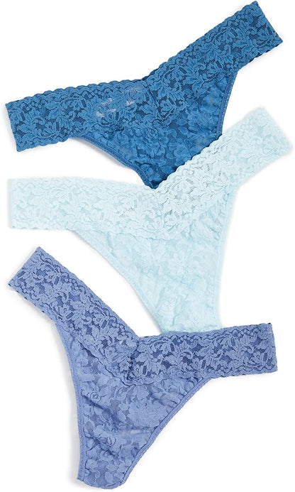Hanky Panky, Signature Lace Original Rise Thong 3 Pack, One Size (4-14) Something Blue / One Size