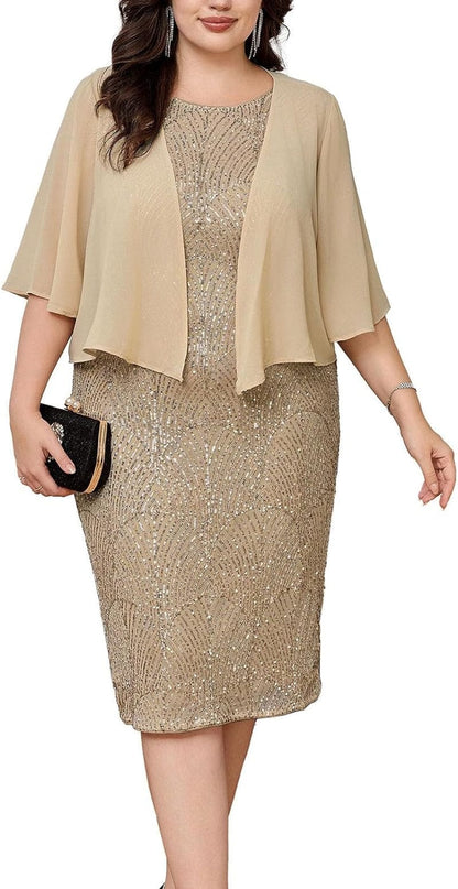 Hanna Nikole Womens Plus-Size-Formal-Dress, 2 Pieces Mother of the Bride Sequins Evening Party Dress with Chiffon Jacket Apricot / 20 Plus