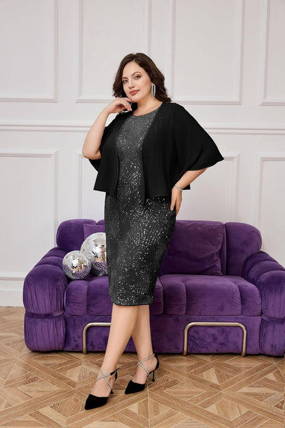 Hanna Nikole Womens Plus-Size-Formal-Dress, 2 Pieces Mother of the Bride Sequins Evening Party Dress with Chiffon Jacket