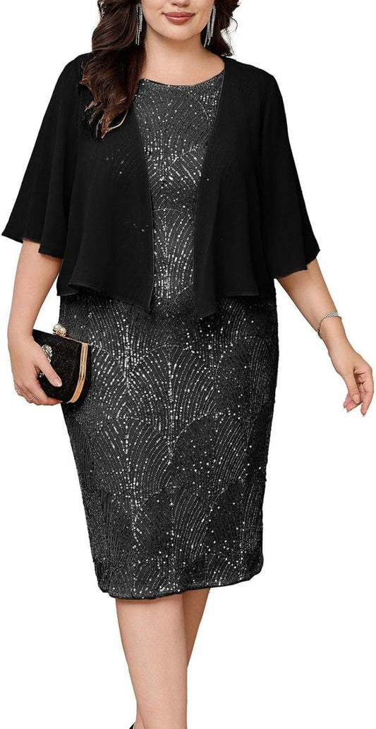 Hanna Nikole Womens Plus-Size-Formal-Dress, 2 Pieces Mother of the Bride Sequins Evening Party Dress with Chiffon Jacket