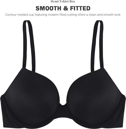 HANSCA Women'S Push up Bra Demi Cup T-Shirt Contour Molded Natural Fit Plunge Underwire Bra Light Padded