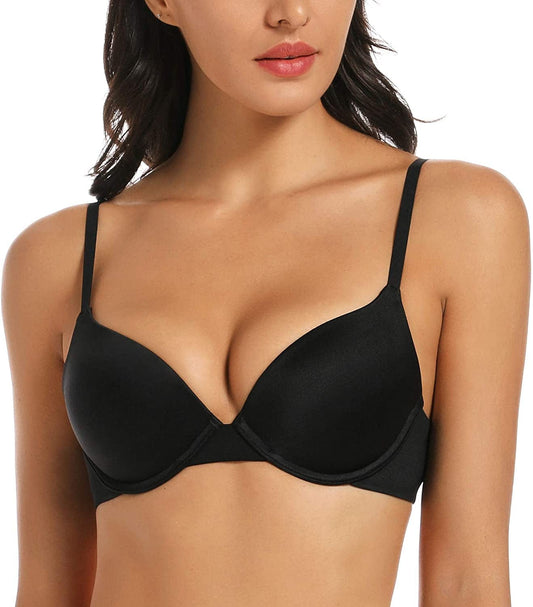 HANSCA Women'S Push up Bra Demi Cup T-Shirt Contour Molded Natural Fit Plunge Underwire Bra Light Padded Black / 38C