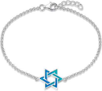 Hanukkah Sterling Silver Created Blue Opal Star Necklace/Dangle Earrings/Bracelet Charm Danity October Birthstone Fine Jewelry for Women Bracelet