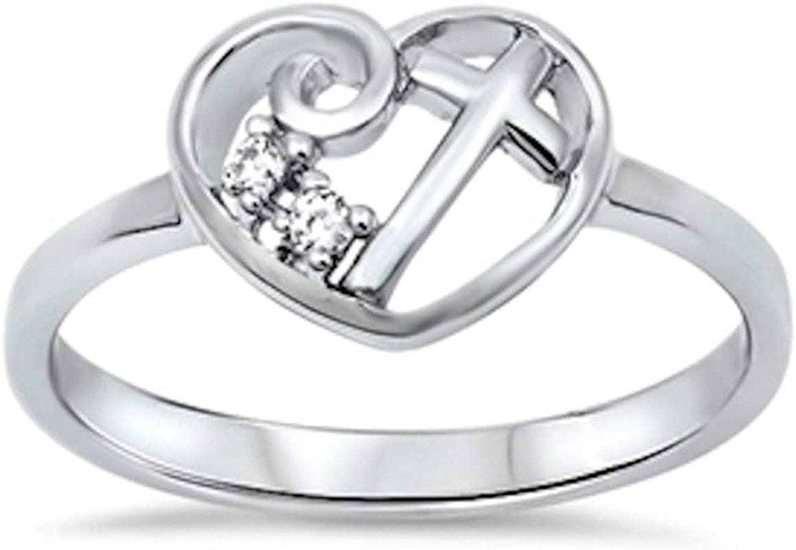 Heart Cubic Zirconia Cross Girl Purity .925 Sterling Silver Ring Size 4-13 4