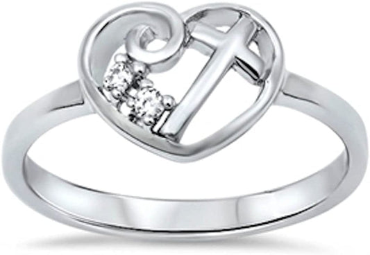 Heart Cubic Zirconia Cross Girl Purity .925 Sterling Silver Ring Size 4-13 4