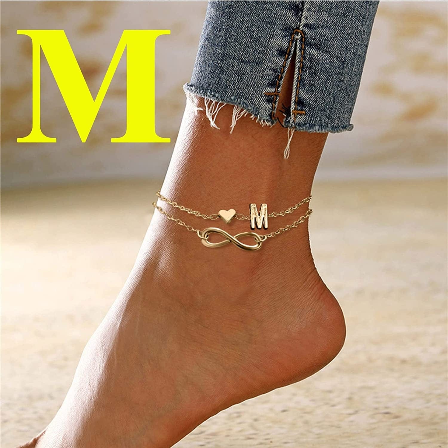 Heart Layer Anklet Female Bracelets Letters Letters Chain Double Initial 26 Letter Alert Bracelet for (M, One Size) Apparel & Accessories > Jewelry > Anklets Generic   