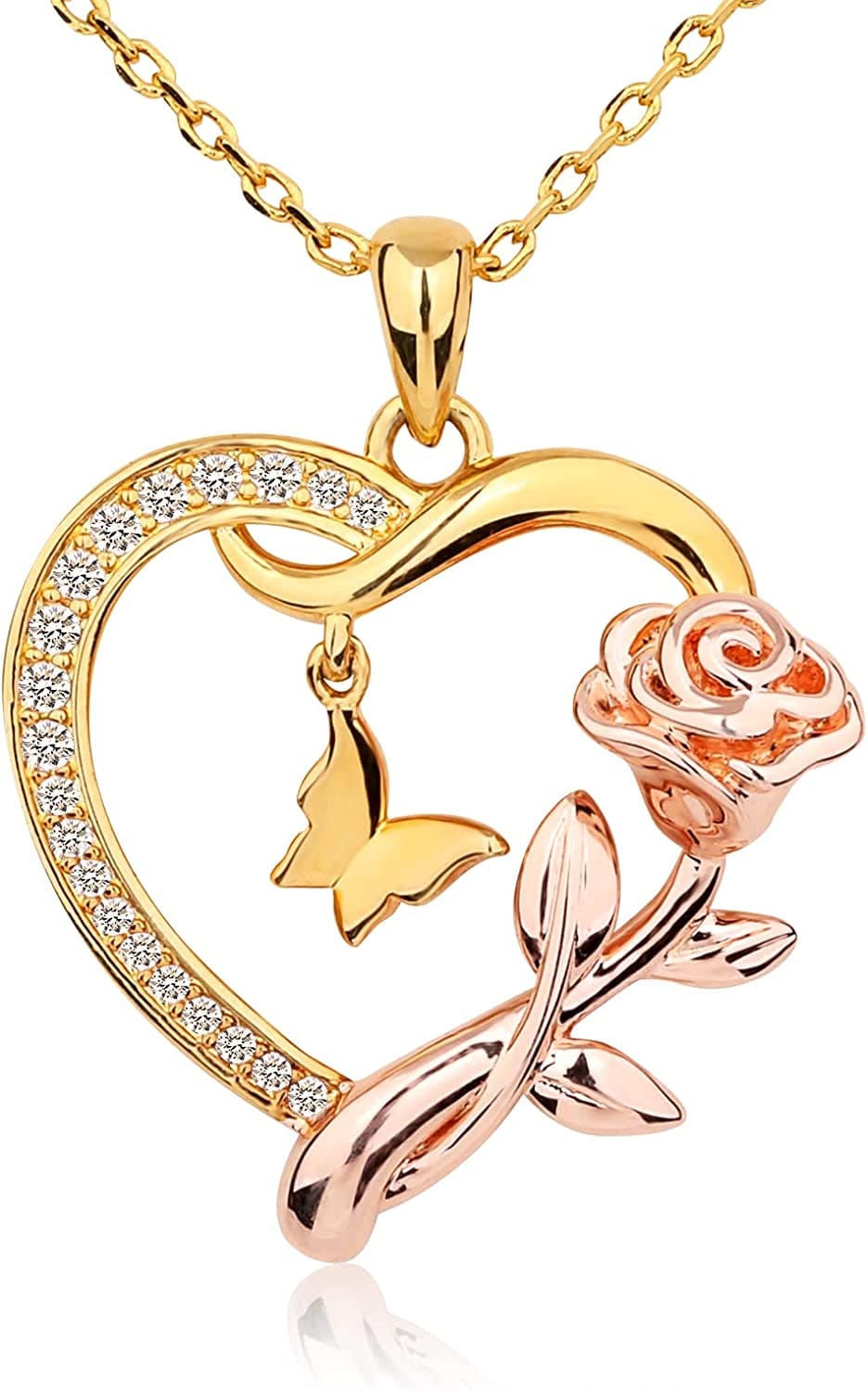 Heart Shaped Butterfly Rose Pendant Necklace 925 Sterling Silver, Ladies Heart Necklace 14K Gold Plated, Birthday Jewelry Gift for Girls Gold