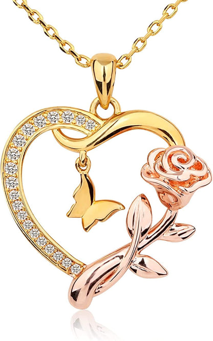 Heart Shaped Butterfly Rose Pendant Necklace 925 Sterling Silver, Ladies Heart Necklace 14K Gold Plated, Birthday Jewelry Gift for Girls Gold