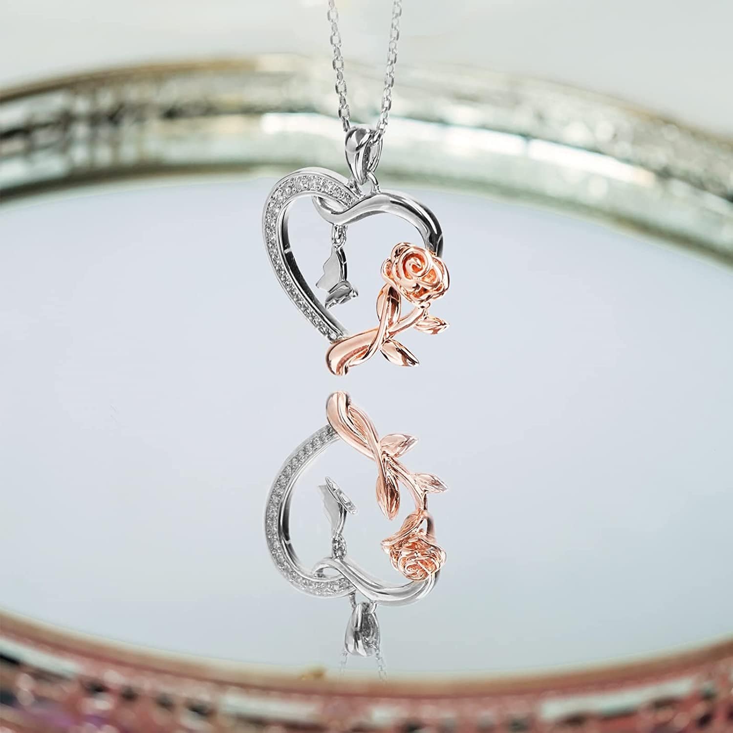 Heart Shaped Butterfly Rose Pendant Necklace 925 Sterling Silver, Ladies Heart Necklace 14K Gold Plated, Birthday Jewelry Gift for Girls